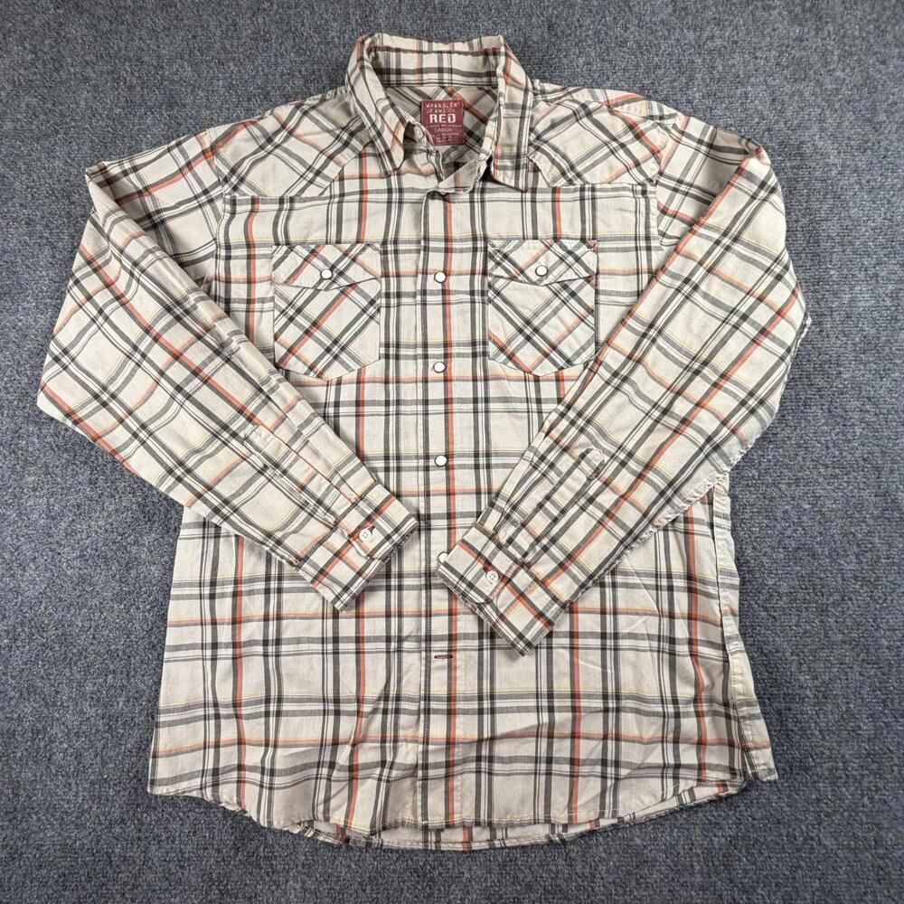 Wrangler Red Mens Large Long Sleeve Plaid Pearl Snap Western Shirt Beige Orange‎